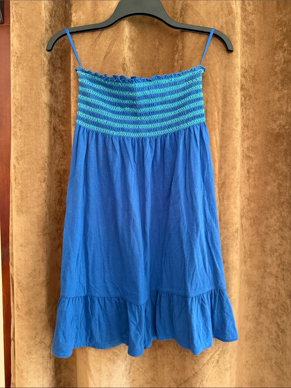 Vintage Kirra Blue Strapless Mini Dress with Teal Smocked Bodice. Like New